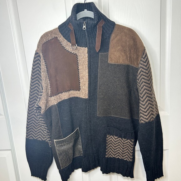 Vintage De Pietri Italy Wool Alpaca Blend Patchwork Full Zip Knit Cardigan Large - Picture 1 of 8